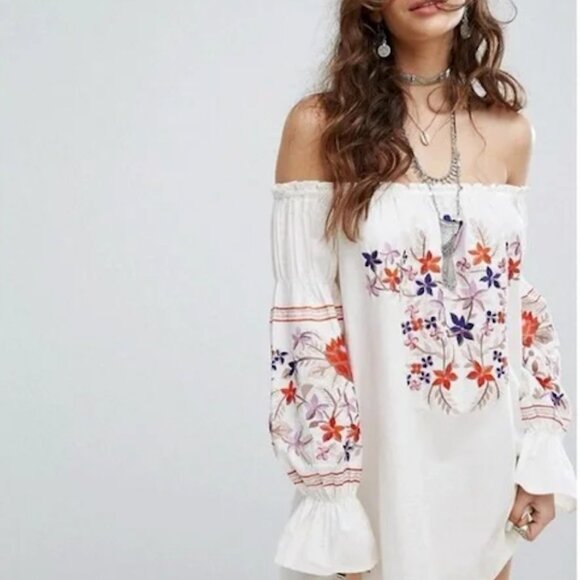 Free People Fleur Du Jour Off Shoulder Embroidered Mini Pocket Dress, Ivory (S) - Picture 1 of 16